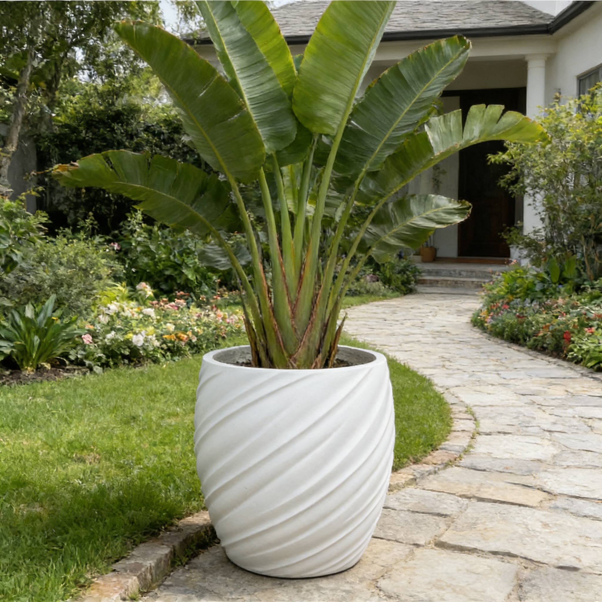 Dia 26/35/46cm Large White Planters Factory Wholesale Round Flower Pot Home Garden Indoor Outdoor Fiber Clay Plant Pots