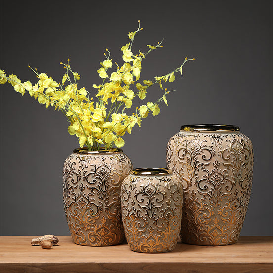 Keramik Pflanzvase Vintage Blumenvase Großhandel Steinzeug Goldene Vase Heimdekoration