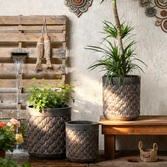 Retro Style Cement Flower Pots with Drainage Hole Eco-Friendly Stripes Pattern for Large Plants-Indoor/Outdoor Use