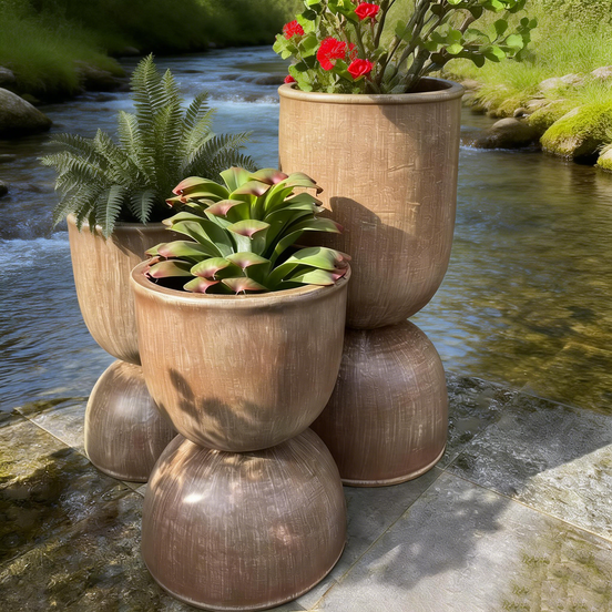 Set of Modern Eco-Friendly Durable Fiber Clay Flower Pots Planters with Drainage Holes for Indoor/Outdoor Balcony Garden Decor
