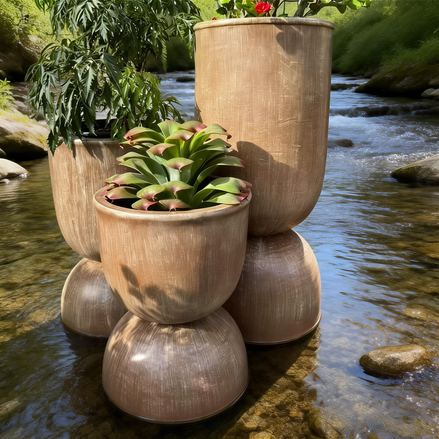 一套现代环保耐用纤维粘土花盆花盆，带排水孔，用于室内/室外阳台花园装饰ZP4459BR