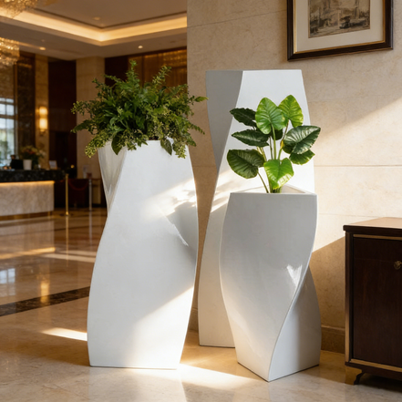 Modernes Kunst-Vasen-Set aus weißer Keramik, glänzend, gedrehte Spiral-Geometrie, große Bodendekoration für Ecken, umweltfreundlich, langlebig, Hotel