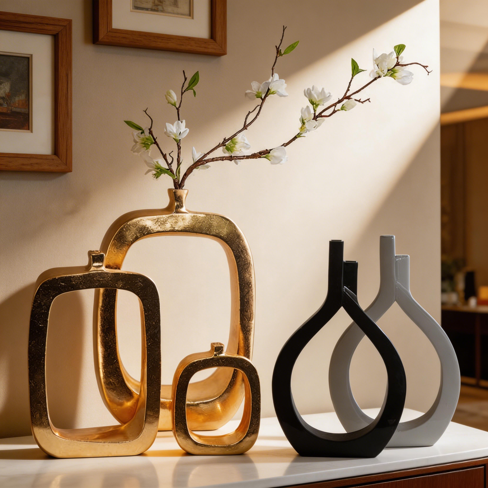 Creative Luxury Gold Vases White Geometric Shape Table Vases Decor Tall Floor Flower Vases