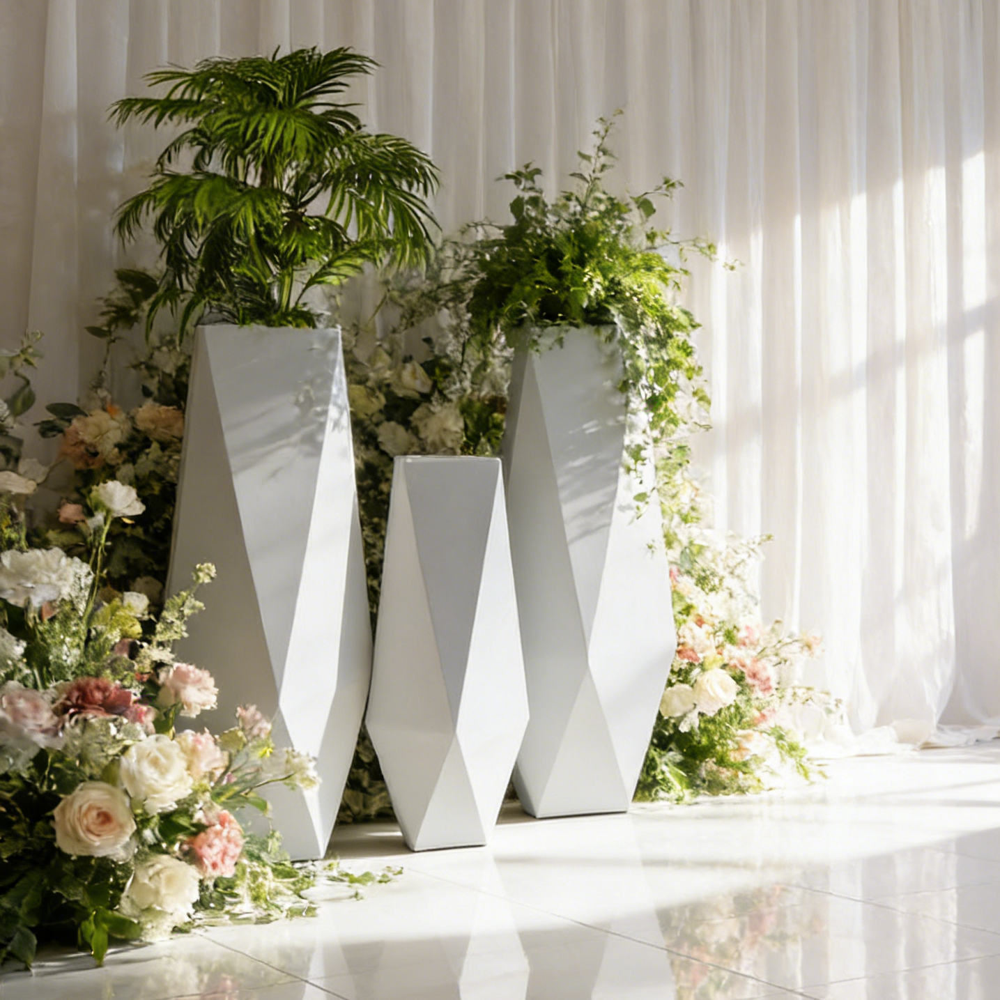 80/100/120厘米大型装饰地板花瓶工厂价格玻璃纤维地板花瓶花白色几何地板高花瓶