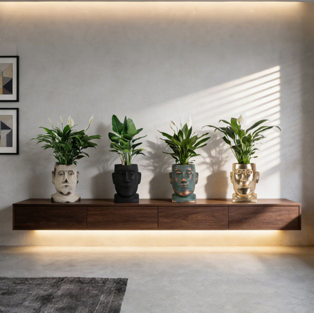 Künstlerisches Design Maßgeschneiderte umweltfreundliche Boden-Pflanztöpfe Kopfform Gold Schwarz Bronze Faserzement Gesicht Blumentopf Pflanzgefäß Drainage