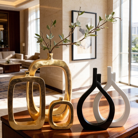Creative Luxury Gold Vases White Geometric Shape Table Vases Decor Tall Floor Flower Vases