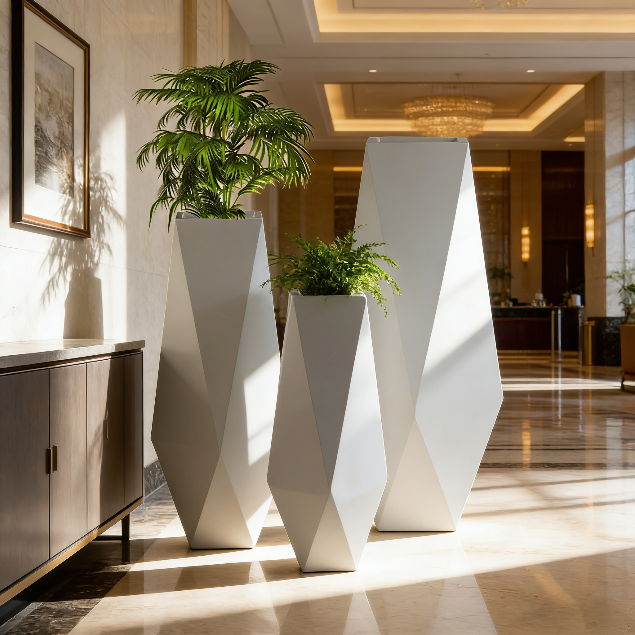 80/100/120厘米大型装饰地板花瓶工厂价格玻璃纤维地板花瓶花白色几何地板高花瓶