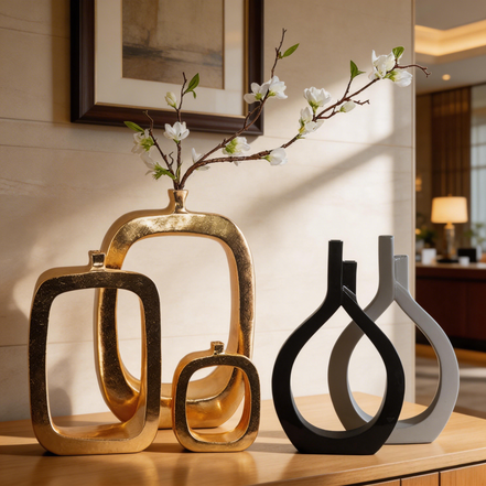 Creative Luxury Gold Vases White Geometric Shape Table Vases Decor Tall Floor Flower Vases