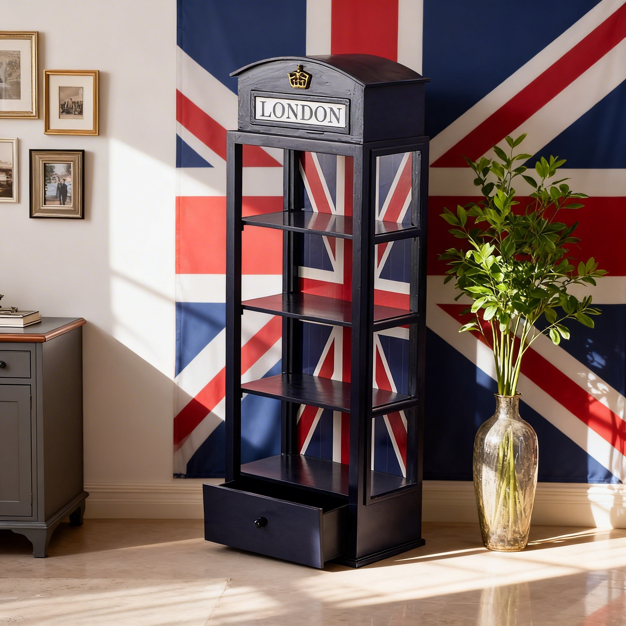 多功能手工环保4层木质收纳架家用仿古英国电话亭收纳柜