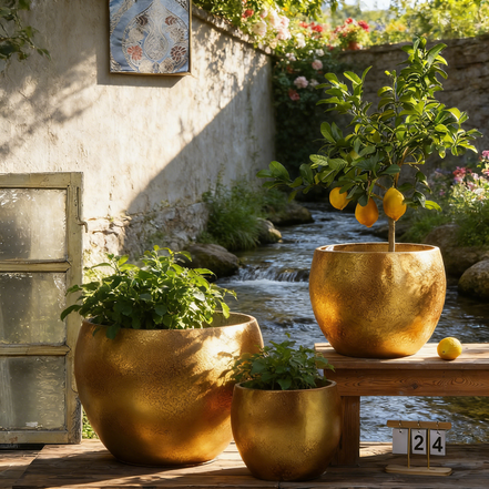 Zement Gold Blumentöpfe Hersteller Großhandel Beton Pflanzgefäße Luxuriöse Goldene Pflanzgefäße für große Zimmerpflanzen