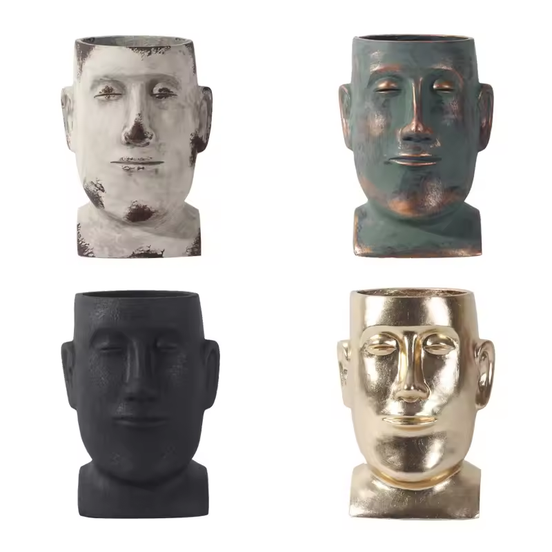 Artistic Design Custom Eco-Friendly Floor Plant Pots Head Shaped Gold Black Bronze Fiber Clay Face Flower Pot Planter Drainage