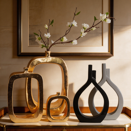 Creative Luxury Gold Vases White Geometric Shape Table Vases Decor Tall Floor Flower Vases