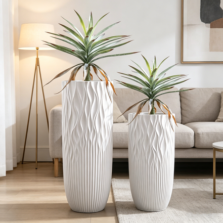 Neu eingetroffene hohe Vasen für die Heimdekoration, Fiberglasvasen, große Bodenväsen, weiße zylindrische große Pflanzgefäße