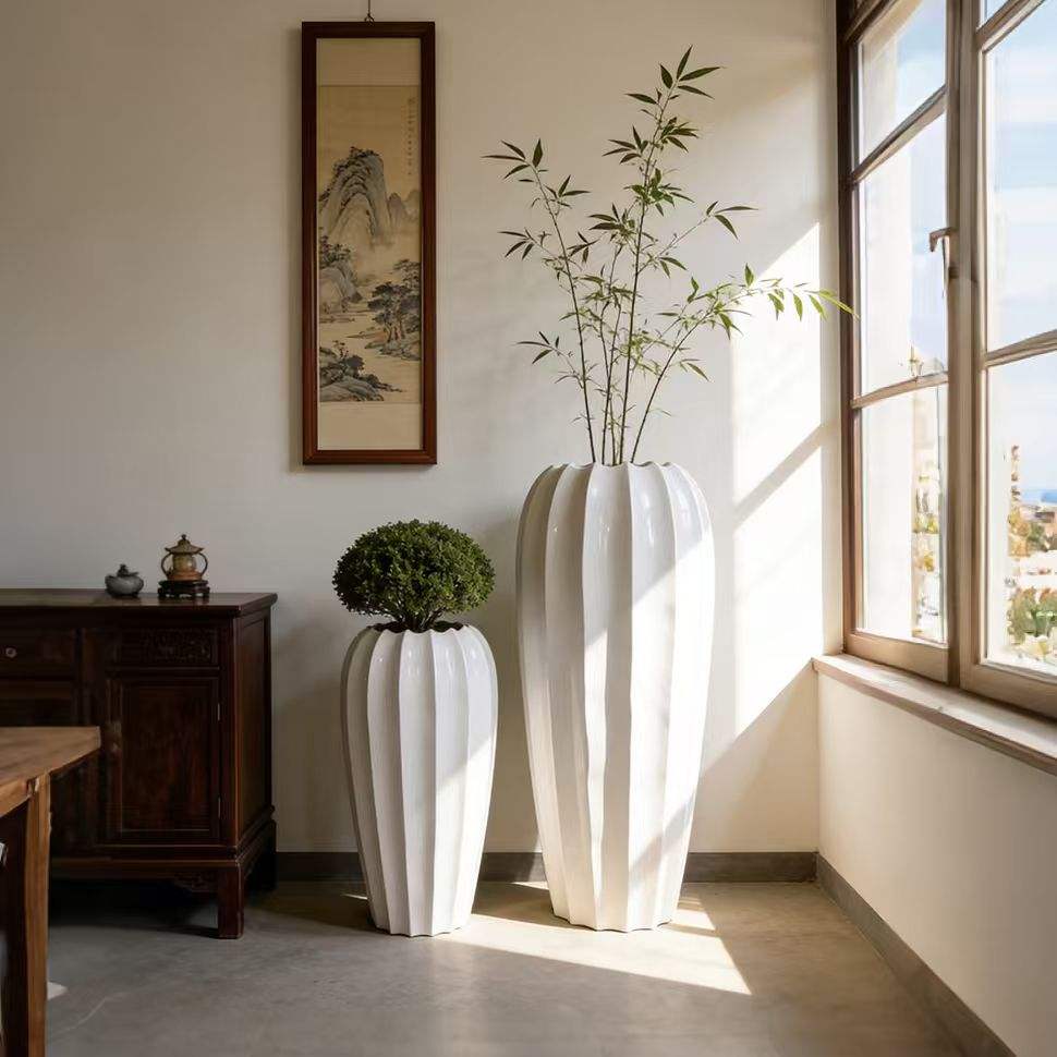 Neue Mode Fiberglas Pflanzgefäß Große Bodenvase Hohe Moderne Umweltfreundliche Robuste Leichte Weite Öffnung Handgemachte Hohe Vase