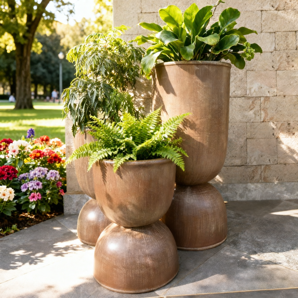 一套现代环保耐用纤维粘土花盆花盆，带排水孔，用于室内/室外阳台花园装饰ZP4459BR