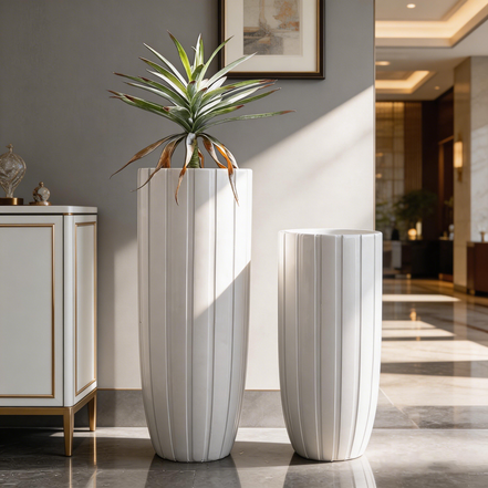 Großer umweltfreundlicher, langlebiger, moderner hoher Bodentopf/Vase für den Innenbereich, Fabrik-Großhandel, weißer zylindrischer großer Blumenkübel aus Fiberglas