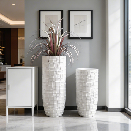 Große moderne umweltfreundliche robuste Bodenvase für die Heimdekoration, große Blumenvase, hohe weiße zylindrische Fiberglas-Pflanzgefäße